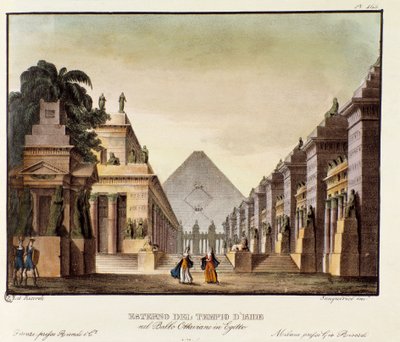 इटालियन कोरियोग्राफर गियोवन्नी गैल्ज़रानी (1780-1865) (1828) द्वारा बैले "" ऑक्टेवियन इन मिस्र "" के लिए आइसिस सीनोग्राफी के मंदिर का दृश्य। एलेसेंड्रो सैनक्विरिको (1777-1849) द्वारा 1830 के दर्शनीय आविष्कारों का संग्रह "" में द्वारा अनाम अनाम