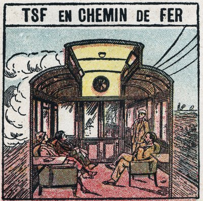 वायरलेस टेलीफोनी: रेलवे वैगन में टीएसएफ। 1925 से बेनामी चित्रण। निजी संग्रह। द्वारा अनाम अनाम