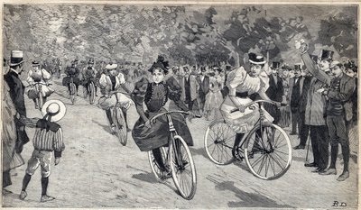 पेरिस के पास Bois de Boulogne में velocipedists की महिलाओं की दौड़. 25/06/1893 को "" ले पेटिट पेरिसियन "" में उत्कीर्णन। द्वारा अनाम अनाम