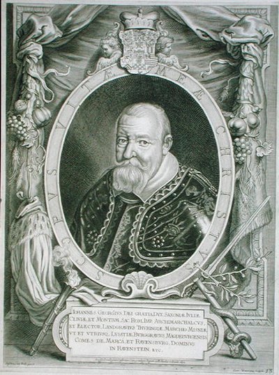 जॉन जॉर्ज I (1585-1656) सक्सोनी के निर्वाचक, 'पोर्ट्रेट्स डेस होम्स इलस्ट्रेस' से, कोएनराड वुमन्स द्वारा उकेरा गया, 1706 में प्रकाशित (उत्कीर्णन) द्वारा एंसलमस वैन (बाद में) हुल्ले