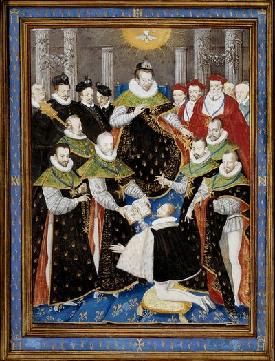 किंग हेनरी III (1551-1589) 1587 में ऑर्डर ऑफ द होली स्पिरिट (ऑर्डर ऑफ द होली स्पिरिट) के पहले समारोह की अध्यक्षता करते हुए एंटोनी कैरन (1521-1599) के बाद विलियम रिचर्डियर (16 वीं शताब्दी) द्वारा लघुचित्र 1587 चान्तिली, मुसी कोंडे - किंग हेनरी तृतीय (15 .) द्वारा एंटोनी (बाद में) कैरोनो