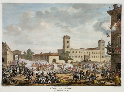 जाक जोसेफ कॉनी (1761-1809) (एक्वाटिंट) द्वारा उत्कीर्ण पाविया का विद्रोह, 7 प्रहरी, वर्ष 4 (मई 1796) द्वारा एंटोनी चार्ल्स होरेस वर्नेट