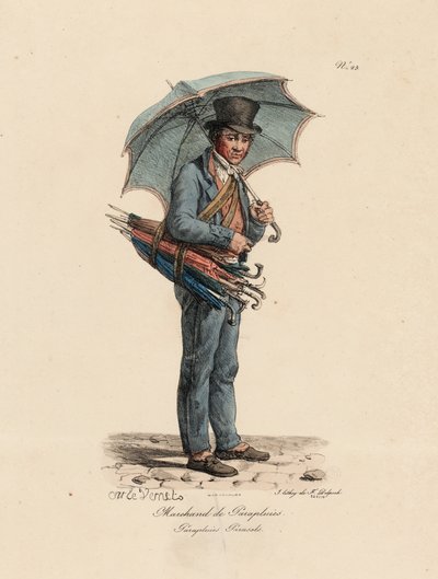 फ्रैंकोइस सेराफिन डेलपेच (1778-1825) द्वारा उत्कीर्ण द सीरीज़ ऑफ़ पेरिस सीरीज़ के नंबर 23 से अम्ब्रेला एंड पेरासोल सेलर द्वारा एंटोनी चार्ल्स होरेस वर्नेट