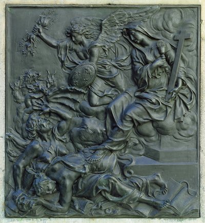 फ्रांस के फरिश्ते को खदेड़ना, लुइस XIV की मूर्ति की पीठ से विस्तार, c.1687 (कांस्य) द्वारा Antoine Coysevox