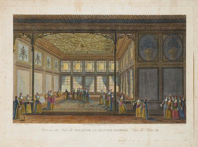 राजकुमारी हैटिस सुल्तान के महल में आंतरिक, सुल्तान सेलिम III की सौतेली बहन, c. 1810. द्वारा एंटोनी इग्नेस मेलिंग