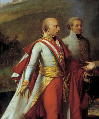 ऑस्ट्रिया के फ्रेंकोइस II (1768-1835) (बाएं) और लिकटेंस्टीन के जॉन I (1760-1836) का प्रतिनिधित्व करने वाले ऑस्टरलिट्ज़ की लड़ाई के बाद मोराविया के सरुत्सचिट्ज़ में नेपोलियन I (1769-1821) और फ्रेंकोइस II का साक्षात्कार। ) (अधिकार)। एंटोनी जीन द्वारा चित्रका द्वारा एंटोनी जीन ग्रोस