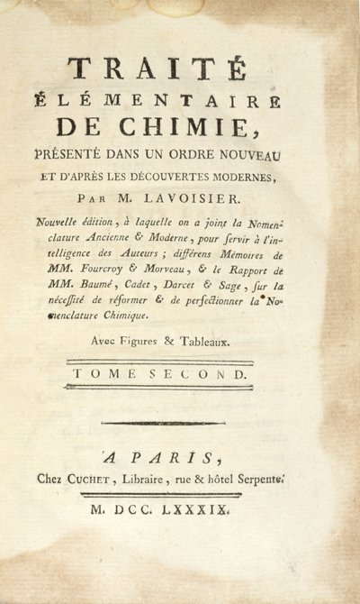पेरिस, 1789 में प्रकाशित रसायन, खंड II पर प्राथमिक ग्रंथ का शीर्षक पृष्ठ (प्रिंट) द्वारा एंटोनी लॉरेंट डी लवॉज़ियर