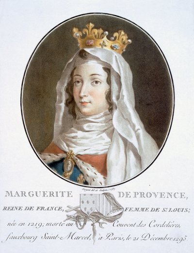 Marguerite de Provence, महापुरुषों, चित्रकार महिलाओं, और फ्रांस के यादगार विषयों के चित्रों से, ग्रेव और रंग में मुद्रित, पियरे ब्लिन द्वारा प्रकाशित, 1786-92, पेरिस (रंग उत्कीर्णन) द्वारा एंटोनी लुई फ्रेंकोइस सीरजेंट मार्कोयू