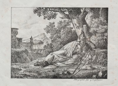 रसील लिथोग्राफिक प्रिंट: एक पेड़ के पैर में 1822 में ड्रैगन परत को धूम्रपान करना। द्वारा एंटोनी पियरे मोंगिन
