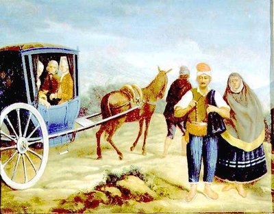 एक माल्टीज़ कलैस में रईस, द मास्टर डी रोहन की शस्त्र धारण करते हुए, सड़क के किनारे माल्टीज़ किसानों को पार करते हुए द्वारा एंटोनी डी (सर्कल) फेवरे