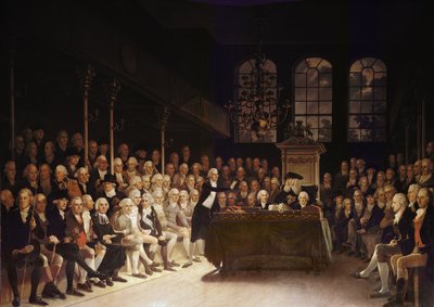 विलियम पिट ने 1793 के फ्रांसीसी घोषणा पत्र पर हाउस ऑफ कॉमन्स को संबोधित करते हुए द्वारा एंटोन हिकेल