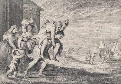 Aeneas ट्रॉय से भाग रहा है, छह लोगों के एक समूह के साथ बाईं ओर शहर छोड़ रहा है, Aeneas ले जा रहा है ..., 1728। द्वारा एंटोन जोसेफ वॉन प्रेनर