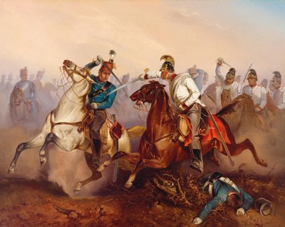 1849, 1854 में इंपीरियल ऑस्ट्रियन ड्रैगून और हंगेरियन होनवेड हुसर्स के बीच मुकाबला .... हंगरी। द्वारा एंटोनिन कमरा