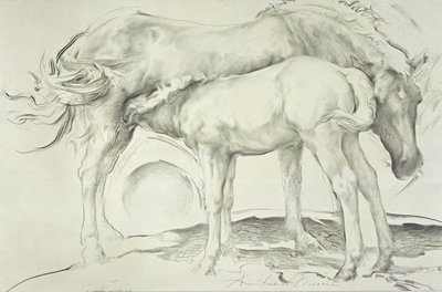 कूलमोर में घोड़े, 1990 (कागज पर लकड़ी का कोयला) द्वारा एंटोनियो साइकोन