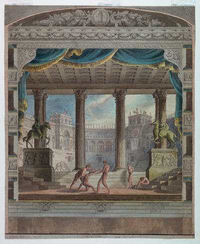 थिएटर पर्दा: एक शास्त्रीय एम्फीथिएटर का दृश्य, मार्सिगली-रॉसी थिएटर, बोलोग्ना द्वारा एंटोनियो ग्यूसेप बसोली