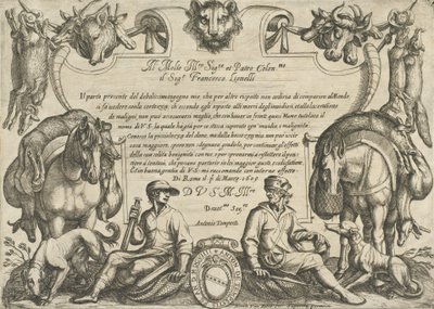 हंटर्स, डॉग्स एंड हॉर्सेस के साथ फ्रंटिसपीस, 'हंटिंग सीन्स VI', 1609 से। द्वारा एंटोनियो टेम्पेस्टा