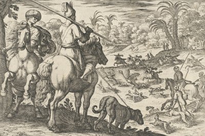 ऑस्ट्रिच हंट, 'हंटिंग सीन VI' से, 1609। द्वारा एंटोनियो टेम्पेस्टा
