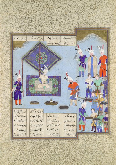 काई खुसरो के युद्ध पुरस्कार गिरवी रखे गए हैं, शाहनामा से फोलियो 225v..., ca. 1530. द्वारा अका मिरक