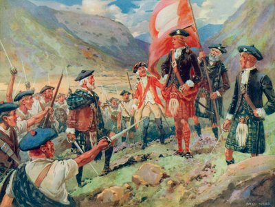 द राइज़िंग ऑफ़ द स्टैंडर्ड, बोनी प्रिंस चार्ली 1745 में स्कॉटलैंड में उतरे (कलर लिथो) द्वारा आर्चीबाल्ड बर्ट्रम (बाद) वेब