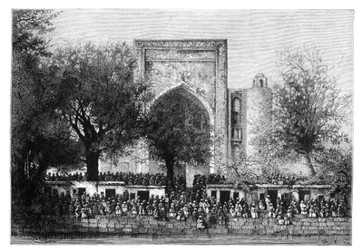 1895 में उज्बेकिस्तान के बुखारा में मस्जिद से पहले एक सभा। द्वारा अरमानंद कोहल