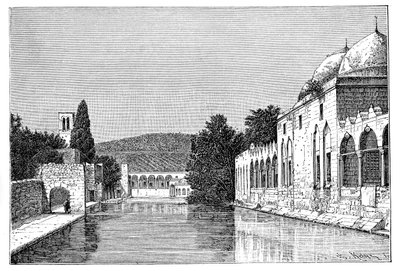मस्जिद और इब्राहीम का फव्वारा, तैय्यबा, वेस्ट बैंक, इज़राइल, 1895 में। द्वारा अरमानंद कोहल