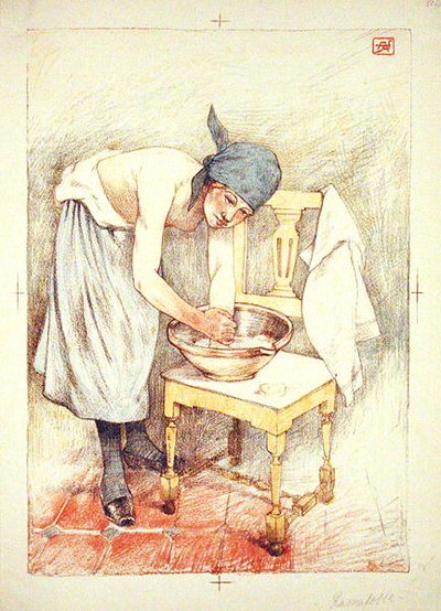 गर्ल वाशिंग, 'ल'एस्टाम्पे मॉडर्न' से, पेरिस 1897-99 (कलर लिथो) प्रकाशित हुई द्वारा आर्मंड रासेनफोस्से