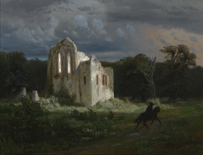 खंडहर के साथ चाँदनी परिदृश्य द्वारा Arnold Böcklin