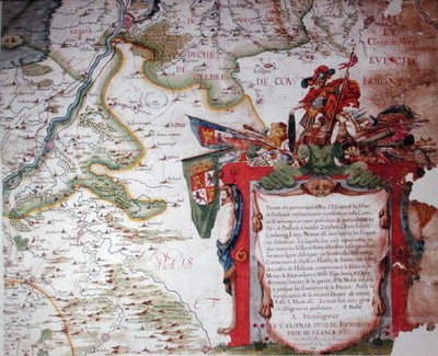 कार्डिनल रिशेल्यू (1585-1642) के प्रति समर्पण के साथ कार्टोच, और तीस साल के युद्ध (1618-48) के समय निम्न देशों का एक नक्शा, 'थियेटर डेस ग्युरेस एंट्रे ले रॉय डी'एस्पागने एट लेस एस्टैट्स डी हॉलैंड से ', 'एटलस डी रिशेल्यू' (col .) के रूप  द्वारा अर्नोल्ड फ्लोरेंट वैन लैंग्रेन