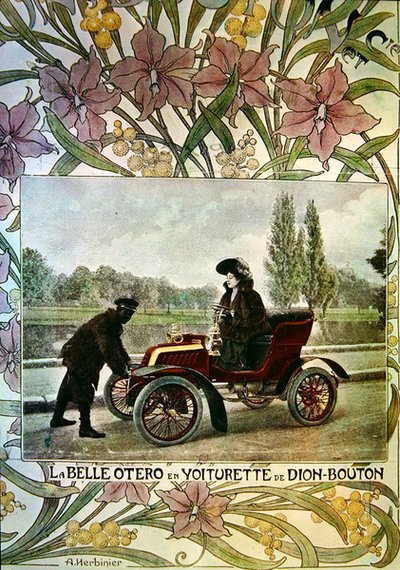 डी बेलियन-बॉटन कार के पहिए पर La Belle Otero, c.1900 द्वारा आर्सेन हर्बिनियर