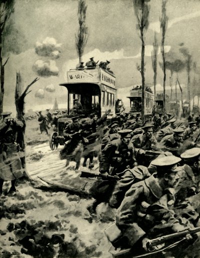 लंदन की बसें पहले मोर्चे, प्रथम विश्व युद्ध, 1914-1918, c1920 तक सैनिकों को ले जाती थीं। द्वारा आर्थर सी। माइकल