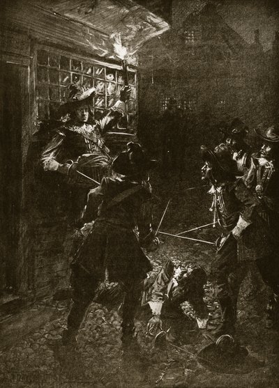 किंग चार्ल्स II के समर्थकों ने 1670 में सर जॉन कोवेंट्री पर हमला किया, हचिन्सन की &39;ब्रिटिश नेशन की कहानी&39; का चित्रण, c.1920 द्वारा आर्थर डेविड मैककॉर्मिक