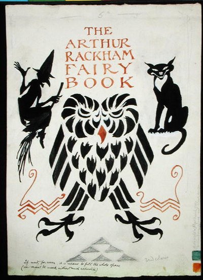 एक उल्लू, एक चुड़ैल और उसकी बिल्ली, 1933 में प्रकाशित 'द आर्थर रैकहम फेयरी बुक' के लिए फ्रंट कवर (कागज पर पानी के रंग, बॉडीकलर और पेंसिल के साथ कलम और स्याही) द्वारा आर्थर रैकहम