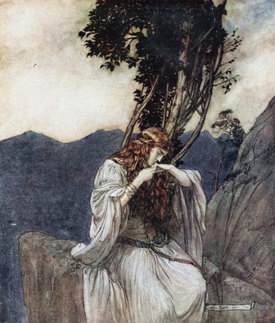 Brünnhilde अंगूठी कि Siegfried उसके साथ छोड़ दिया है चूम लेती है। सीगफ्राइड और ट्वी के लिए चित्रण द्वारा आर्थर रैकहम
