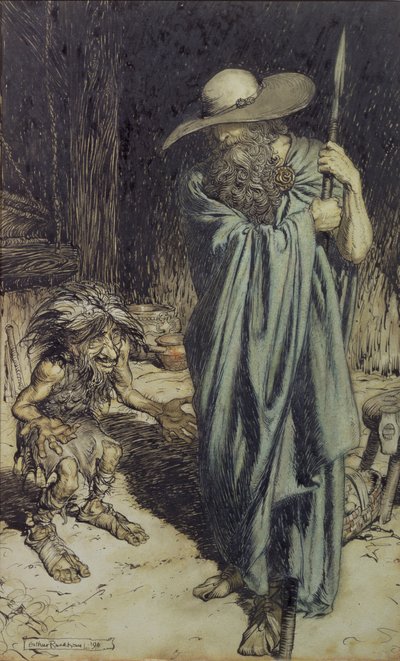 ड्वार्फ एंड वोतन, वैगनर्स रिंग ऑफ़ द नेबेलुंगेन, 1911 (wc, pen and ink) द्वारा आर्थर रैकहम
