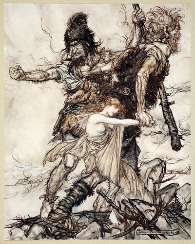 Fasolt अचानक Freia को जब्त कर लेता है और उसे Fafner, 1910 के साथ एक तरफ खींच लेता है। द्वारा आर्थर रैकहम