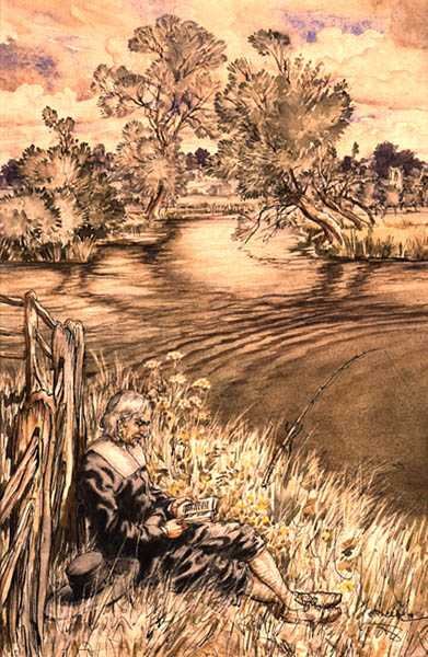 इज़ाक वाल्टन रिक्लाइनिंग अगेंस्ट ए फेंस, इज़ाक वाल्टन के चित्रों की एक श्रृंखला में से एक, 'द कम्प्लीट एंगलर' (कागज पर कलम, स्याही और पानी के रंग) द्वारा आर्थर रैकहम