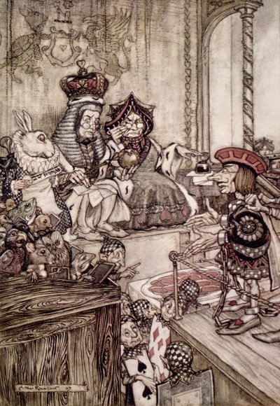 लुईस कैरोल (1832-98) 1907 द्वारा &39;ऐलिस एडवेंचर्स इन वंडरलैंड&39; का चित्रण, राजा और दिल की रानी से पहले द्वारा आर्थर रैकहम
