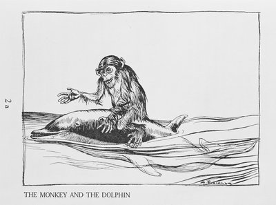 द बंदर और डॉल्फिन, एनेसॉप्स दंतकथाओं का चित्रण, 1912 में हनीमैन द्वारा प्रकाशित किया गया द्वारा आर्थर रैकहम