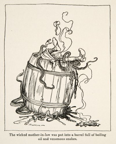 लिटिल ब्रदर एंड लिटिल सिस्टर एंड अदर टेल्स बाय द ब्रदर्स ग्रिम, पब.1917 (लिथो) से दुष्ट सास को उबलते तेल और जहरीले सांपों से भरे बैरल में डाल दिया गया था। द्वारा आर्थर रैकहम