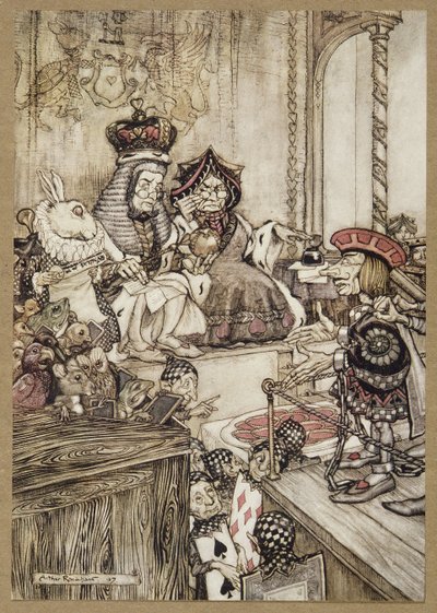 हू स्टोल द टार्ट्स?, एलिस एडवेंचर्स इन वंडरलैंड से, लुईस कैरोल द्वारा, पब। 1907 (रंग लिथो) द्वारा आर्थर रैकहम