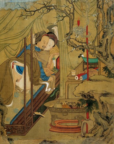 एशियाई कला: कामुक दृश्य। एक बिस्तर में प्यार की कार्रवाई के दौरान एक जोड़ा। 18वीं शताब्दी से रेशम पर चित्रकारी। निजि संग्रह द्वारा एशियन स्कूल