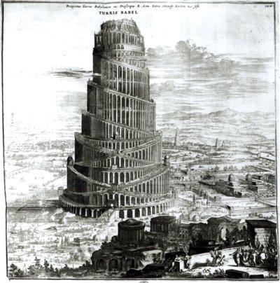 बाबेल का टॉवर, 1679 (उत्कीर्णन) (bw फोटो) द्वारा अथानासियस किर्चर