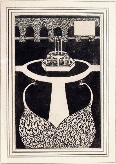 अध्याय के शीर्ष पर एक फव्वारे के साथ एक बगीचे में दो मोरों का चित्रण, c.1893 - 4 द्वारा ऑब्रे बियर्डस्ले