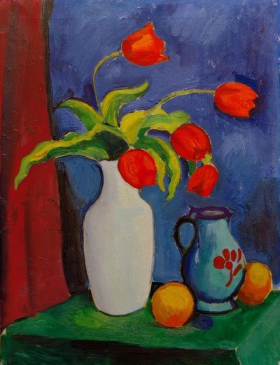 सफेद फूलदान में लाल ट्यूलिप द्वारा August Macke