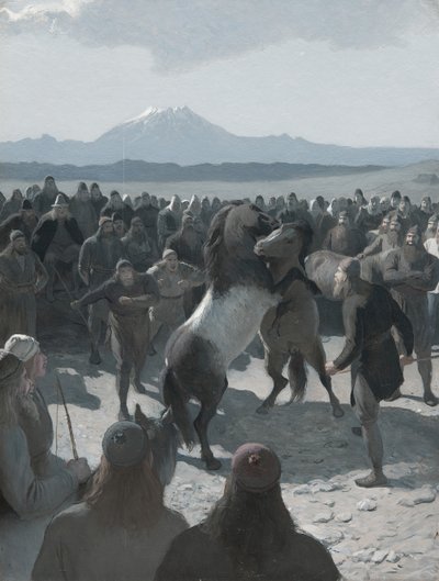 द स्टोरी ऑफ़ बर्न्ट नेजल: द हॉर्स-फ़ाइट एट हलिआरेंडी, 1880 के दशक में। द्वारा अगस्त माल्मस्ट्रोम