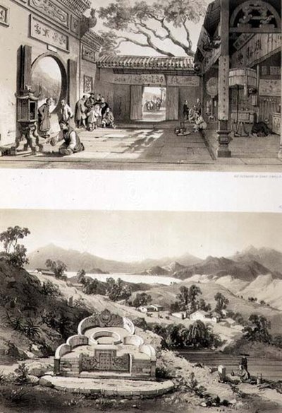 मकाओ में महान मंदिर का आंतरिक दृश्य और हांगकांग और काउलून की खाड़ी के बीच एक मकबरा और गांव, 'स्केच ऑफ चाइना' से प्लेट 8 और 7, यूजीन सिसेरी (1813-90) 1842 (रंगा हुआ लिथो) द्वारा उकेरा गया। द्वारा अगस्टे (बाद) Borget