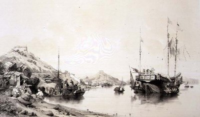 हाई टाइड पर मकाओ का तट, 'स्केच ऑफ चाइना' से प्लेट 12, यूजीन सिसेरी (1813-90) 1842 (रंगा हुआ लिथो) द्वारा उकेरा गया द्वारा अगस्टे (बाद) Borget