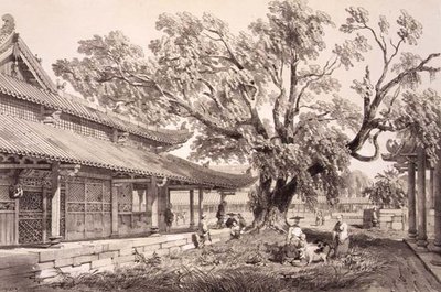 कैंटन के होनान उपनगरों में बुद्ध का मंदिर, 'स्केच ऑफ चाइना' से प्लेट 24, यूजीन सिसेरी (1813-90) 1842 (रंगा हुआ लिथो) द्वारा उकेरा गया द्वारा अगस्टे (बाद) Borget
