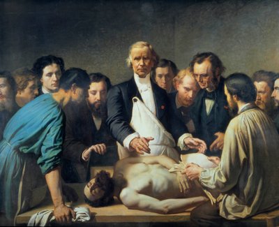 चैरिटी में डॉक्टर अल्फ्रेड वेलेउ (1795-1867) एक शव परीक्षण के लिए आगे बढ़ेंगे एक डॉक्टर अपने छात्रों से घिरा हुआ है जो एक लाश पर हस्तक्षेप करने के लिए तैयार हैं। फ्रेंकोइस फेन पेरिन (1826-1888) द्वारा पेंटिंग। 19 वीं सदी। टूर्स म्यूज़ी डेस बीक्स आर्ट्स - अ द्वारा अगस्टे (बाद) फेन-पेरिन