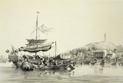 हांग शांग, &39;स्केचेस ऑफ़ चाइना&39; से प्लेट 17, यूजीन सिसरई (1813-90) 1842 (टिंटेड लिथो) द्वारा उत्कीर्ण द्वारा अगस्टे बोरगेट